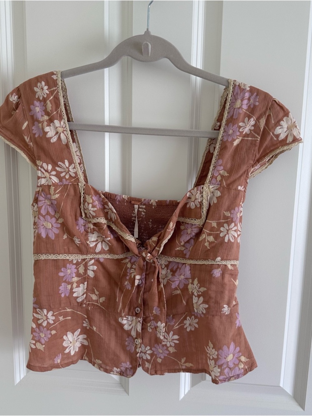 Free People Rust Floral Tie-Front Top with Lavender and Cream